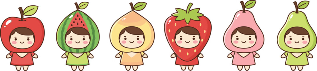 Collection of six cute children characters wearing fruit costumes including apple watermelon strawberry pear and peach isolated on white for kids design