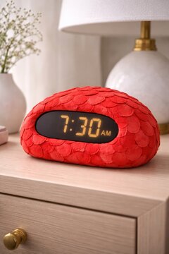Red textured alarm clock displaying 730 A M on a wooden nightstand