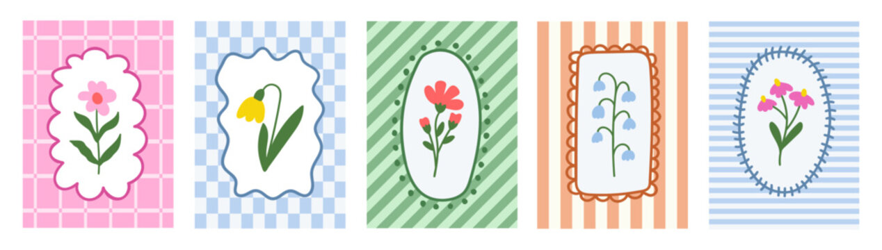 Floral set of cute hand drawn flowers in frames on striped and checkered background. Botanical simple shapes design. Trendy design for cards, print, kitchen, branding, decoration