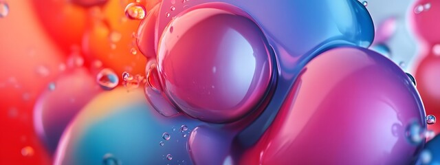 Macro close up of colorful liquid droplets and organic bubble shapes showing glossy reflections with soft pink purple and blue tones in fluid artistic composition for modern wallpaper design decor