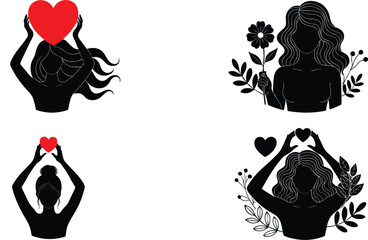 Beautiful woman silhouette vector set featuring female figures with hearts and floral accents for wellness branding, self-love concepts, and decorative Valentine's Day designs.