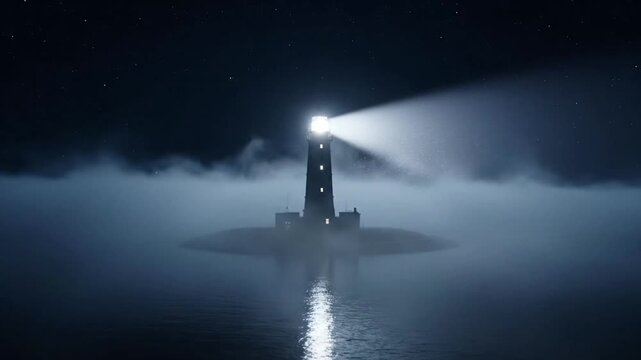 Mysterious flat earth theory depicted in a cinematic lighthouse scene at dusk with foggy atmosphere and calm waters