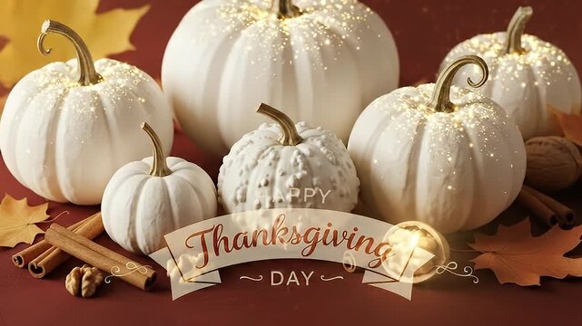 An elegant autumnal arrangement features an assortment of white pumpkins, some smooth and plump, others with unique bumpy textures, all subtly adorned with delicate golden glitter or sparkles. Scatter