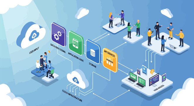 People interact with cloud computing services and data storage icons on blue background
