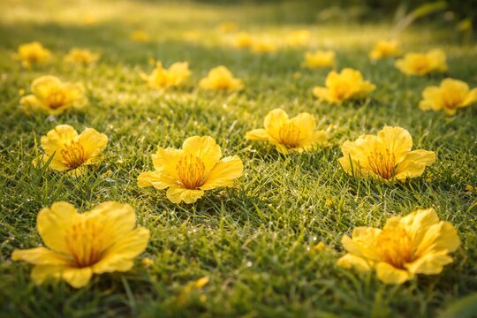 Fallen Padauk Flowers on Green Grass in Tropical Natural Light