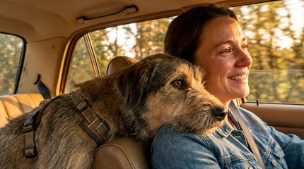 Happy woman driving car with dog resting head on her shoulder at sunset. Emotional pet adoption journey and road trip concept with warm lighting.