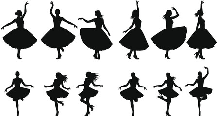 Elegant vector silhouette set of women dancing in vintage dresses and high heels for ballroom dance posters, theater performance flyers, and retro lifestyle branding.