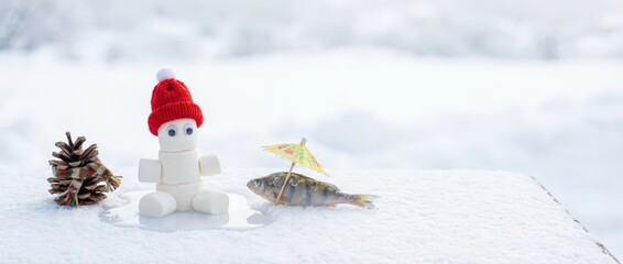 Winter fun playful snowman frozen lake creative scene snowy environment close-up view delightful concept for holiday cheer