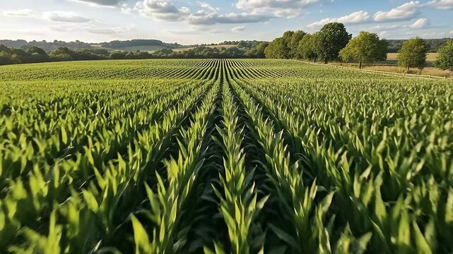 An expansive, vibrant green agricultural field stretches endlessly under a clear blue sky with scattered clouds, bathed in natural sunlight. The scene captures neatly organized rows of lush young plan