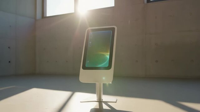 Interactive digital information kiosk in minimalist concrete building