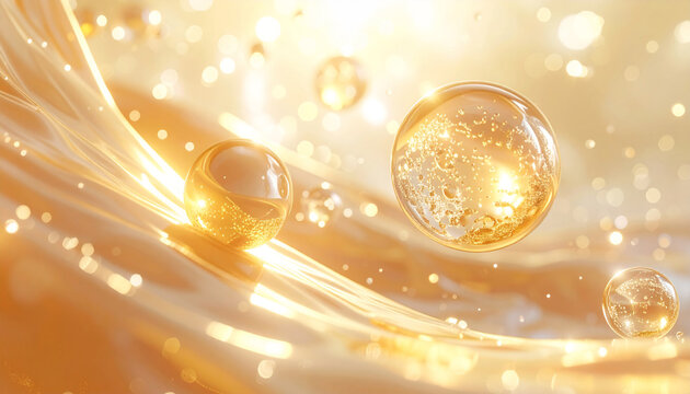 金色に輝く美容液バブルと粒子が流れる3Dイメージ エクソソーム・成長因子の先端スキンケア研究コンセプト|3D golden serum bubbles and flowing particles, advanced skincare research concept for exosomes and growth factors