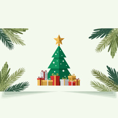 70 Christmas tree with presents and pine branches on white background for holiday greeting cards 150