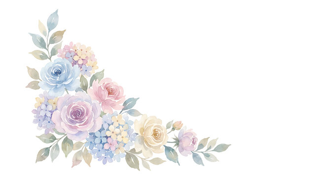 Watercolor floral corner arrangement with roses and hydrangeas