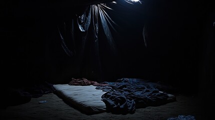 A rudimentary shelter with a thin mattress and bedding lies in the dark interior illuminated by a single light source