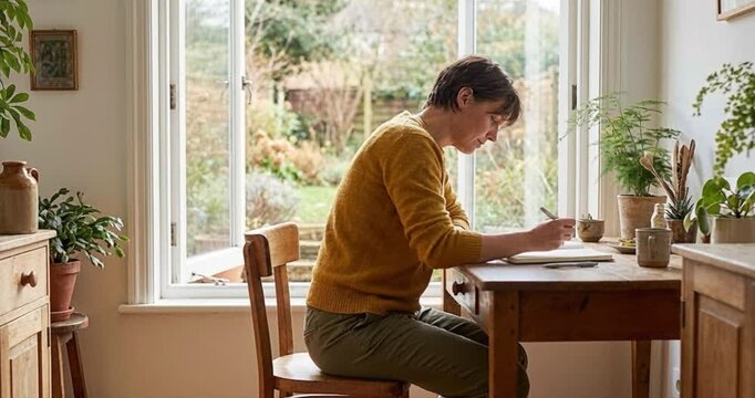 Woman writing at desk near window indoors with natural light