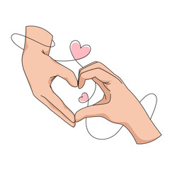 Hands making heart shaped love gesture. Vector illustration with pink heart
