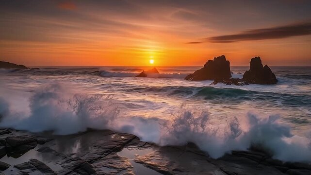 Dramatic ocean waves crash against rugged coastal rocks under a breathtaking sunset, painting the sky with vivid hues of orange, gold, and soft purple. The powerful swell of the sea creates dynamic wh