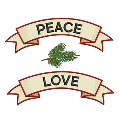 70 Peace and love banner illustration with pine branch vintage ribbon and harmony message ideal for greeting cards and posters 150