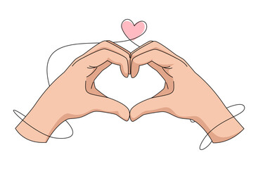 Hands making heart shaped love gesture. Vector illustration with pink heart