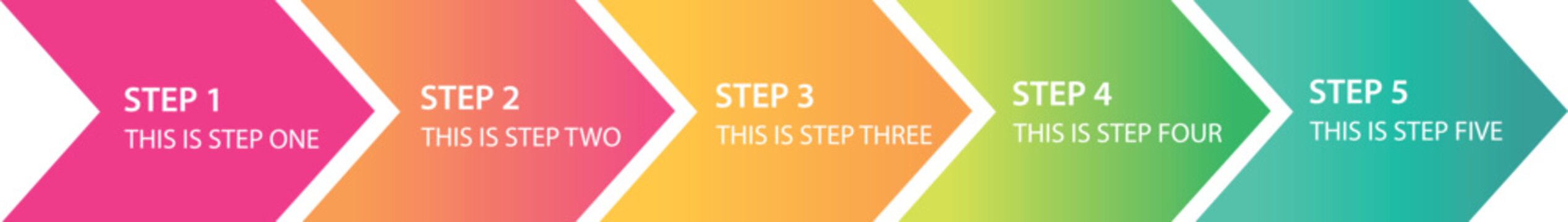 5 Step Process Infographic Vector Template. Colorful Chevron Arrow Progress Flowchart, Horizontal Business Roadmap and Timeline Design with Step One to Five Text Placeholders