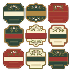 70 Set of nine decorative christmas labels with mistletoe and ribbon designs in red green and cream colors perfect for holiday gift wrapping and packaging 150