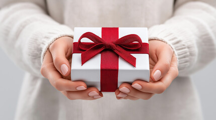 A person holds a small, beautifully wrapped gift with a red ribbon, symbolizing the joy of giving and receiving. Perfect for any celebration!