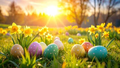 Colorful Polka Dot Easter Eggs and Yellow Daffodils in Sunny Spring Meadow at Sunrise