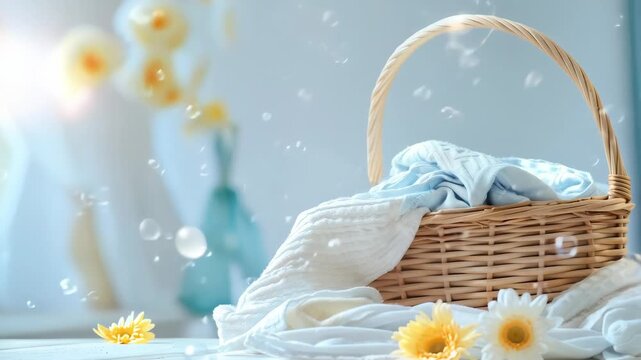 Clean laundry basket with fresh clothes and bubbles