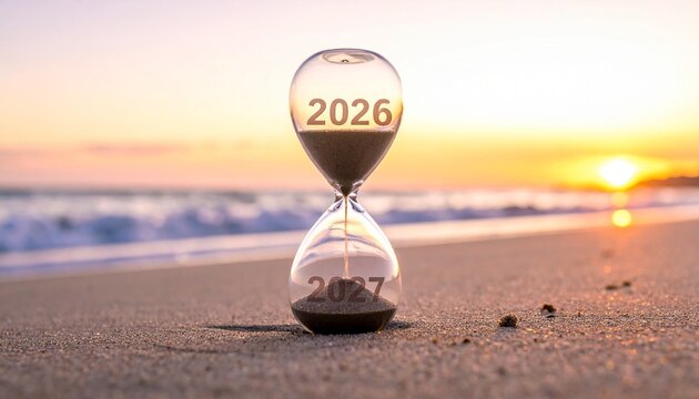 Hourglass on Sandy Beach at Sunset Representing Time Transition from 2026 to 2027