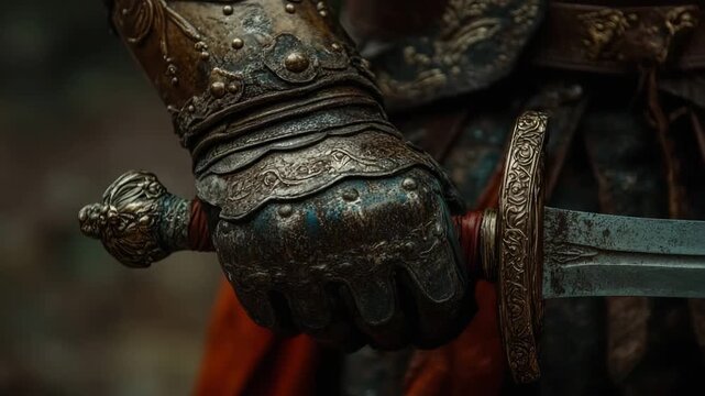 Close-up of a knight's gauntlet gripping a sword hilt, ready for battle