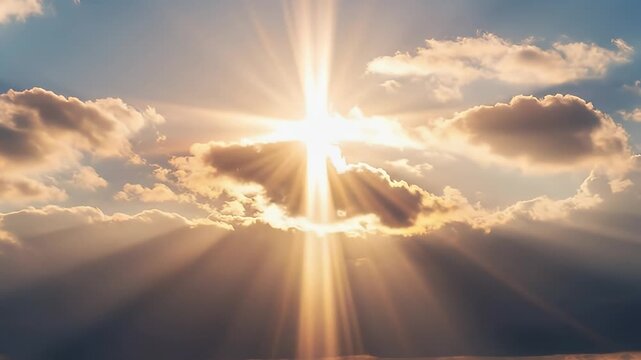 This awe-inspiring celestial scene captures a dynamic sky as brilliant sunlight bursts through a dramatic formation of clouds. Golden rays pierce the atmospheric haze, fanning out in a mesmerizing dis