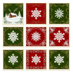 70 Christmas holiday snowflake postage stamps with winter scenery and decorative patterns 150