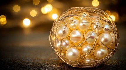 A delicate wire mesh sphere cradles a luminous cluster of natural pearls with warm golden bokeh lights in the background