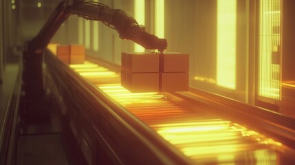 A robotic arm carefully transfers a box onto a glowing industrial conveyor belt in a manufacturing facility