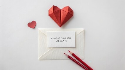 Red Origami Heart and Envelope Resting on White Paper