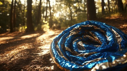 A rolled up blue insulated survival blanket lies on the forest floor in the dappled sunlight of a woodland path