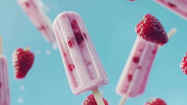 Juicy raspberry popsicles in motion with splashing water and vibrant background