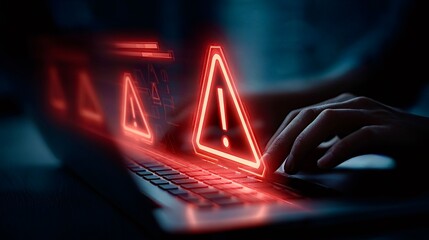 Person typing laptop showing digital cybersecurity alert warning signs