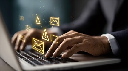 Business person typing on laptop sending emails and alerts