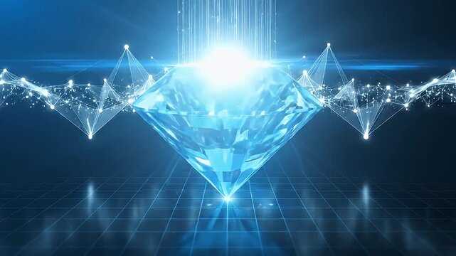 This dazzling animation features a brilliant, multifaceted blue crystal, reminiscent of a precious diamond, pulsating with ethereal light at its core. Beams of radiant energy or data streams flow dyna
