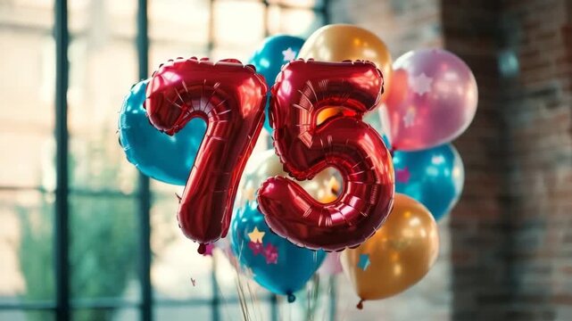 Colorful balloons floating with the number 75 for a seventy-fifth anniversary or birthday party