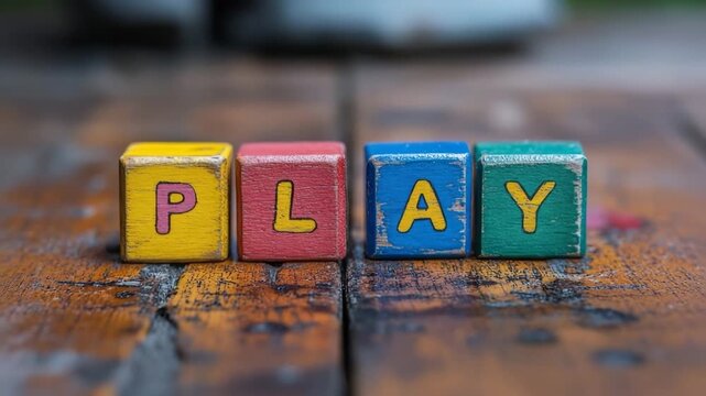 Old wooden toy blocks spelling the word play on a rustic wooden surface