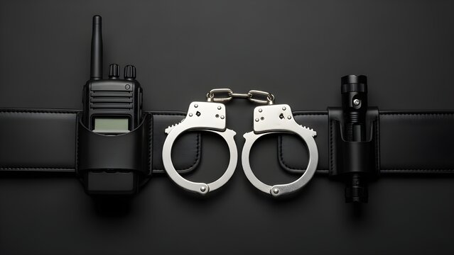 Black Police Duty Belt with Silver Handcuffs, Two-Way Radio, and Flashlight