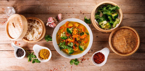 asian food, shrimp and vegetables cooked with coconut milk and spices