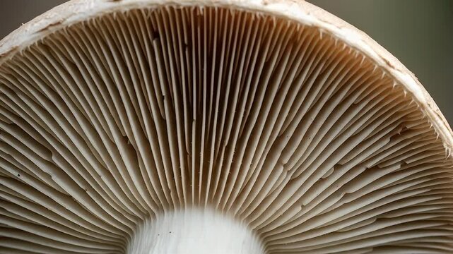 This extreme close-up video captures the intricate and delicate structure of a mushroom's gills from directly underneath the cap. The natural light highlights the beautiful radial patterns and fine te