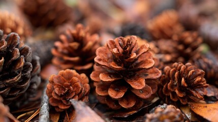 A Close-Up View of a Cluster of Perfectly Formed Pinecones Amidst Autumn Foliage