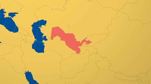 Uzbekistan on Globe. Animated zoom into the country in Ocean Blue Golden Yellow color palette. Uzbekistan logo animation. Map with meridians, parallels. Alive video.