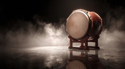 Taiko drum on a dark surface with smoke and reflection