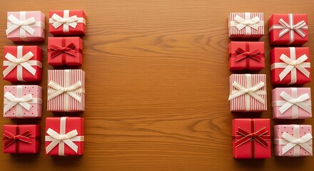 Fototapeta premium Arrangement of red and pink gift boxes with bows on a warm wooden background