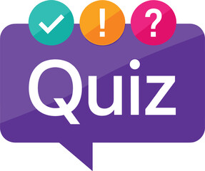 Purple speech bubble quiz logo with check mark exclamation point and question mark icons for trivia and education. © MDSAKIB